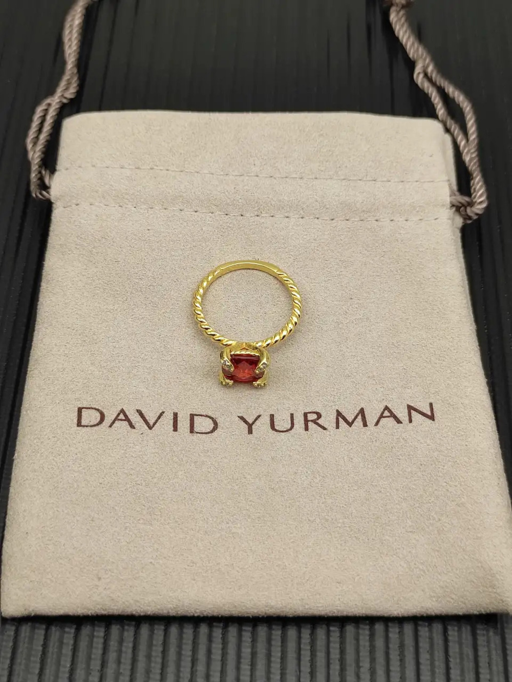 David Yurman Gold Ring with Red Diamond Center Prong